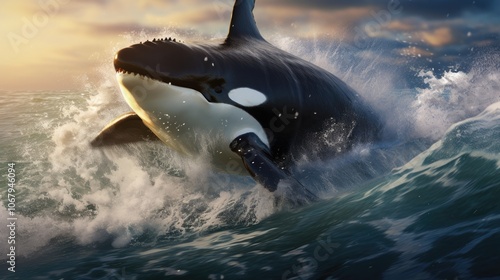 A dramatic scene of a killer whale engaging in a high-speed chase through the ocean, with its powerful body cutting through the waves and creating dynamic splashes and foam.  photo