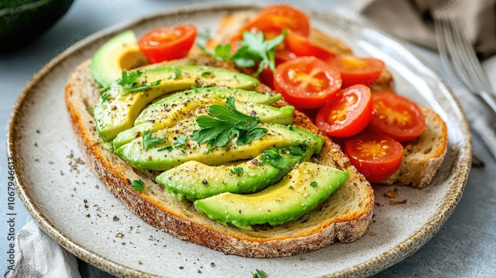 A plate of gluten-free bread slices with a generous spread of avocado, cherry tomatoes, and a sprinkle of herbs, perfect for a healthy meal. A plate of gluten-free bread slices with a generous spread of avocado, cherry tomatoes, and a sprinkle of herbs, perfect for a healthy meal.