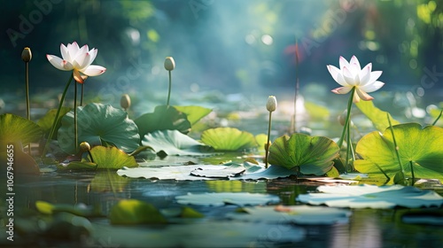 A dreamy pond setting with water lotus flowers and a subtle watercolor effect, framed by soft foliage, with a clear and inviting area for your text.