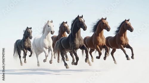  7 running horses isolated on white background 8K realistic