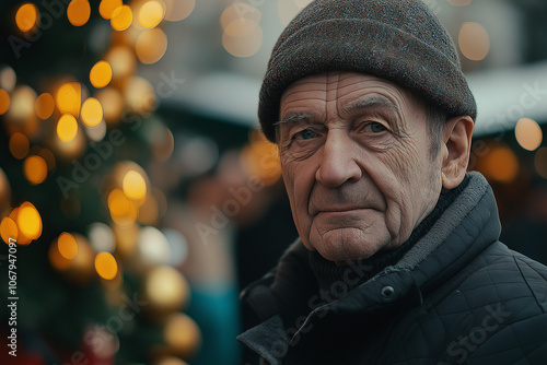 Elderly man with thoughtful expression alone at Christmas market photo