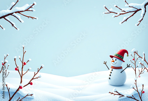 winter festive poster or flayer copy space scene background with snow branches border and snowman character