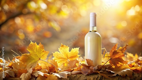 A white wine bottle is nestled in a bouquet of autumnal leaves and branches, against a muted background of golden light, white wine, harvest, coziness
