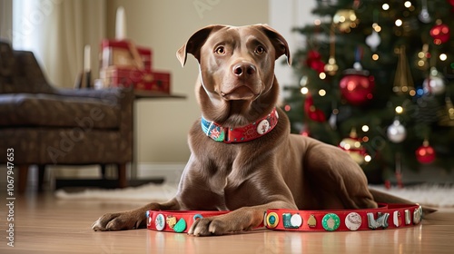 A festive, holiday-themed dog collar decorated with holiday motifs like snowflakes and reindeer, shown on a playful pup surrounded by seasonal decorations and gifts. photo