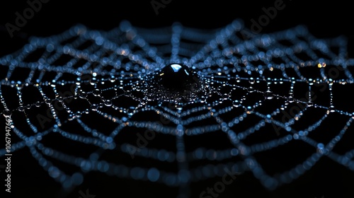 A close-up of a shining spider web, adorned with tiny droplets of water on a dark background, evoking a haunting and eerie atmosphere suitable for Halloween party themes. photo