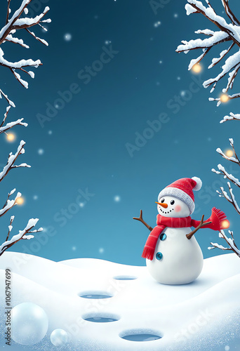 winter festive poster or flayer copy space scene background with snowman character