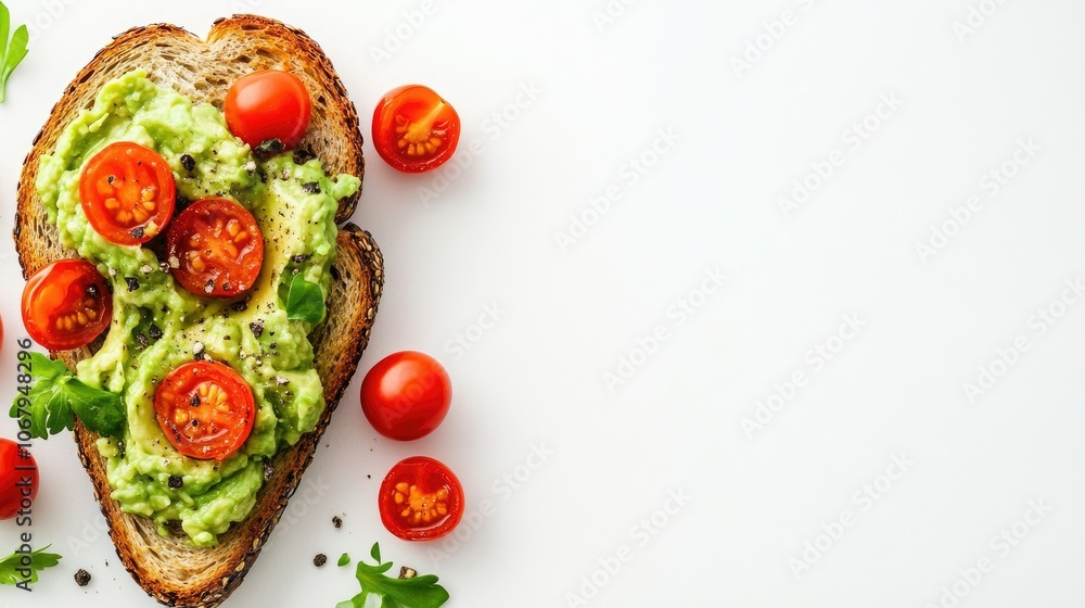 A vibrant, gluten-free toast topped with mashed avocado, cherry tomatoes, and herbs on a clean white background. A vibrant, gluten-free toast topped with mashed avocado, cherry tomatoes, and herbs on a clean white background.