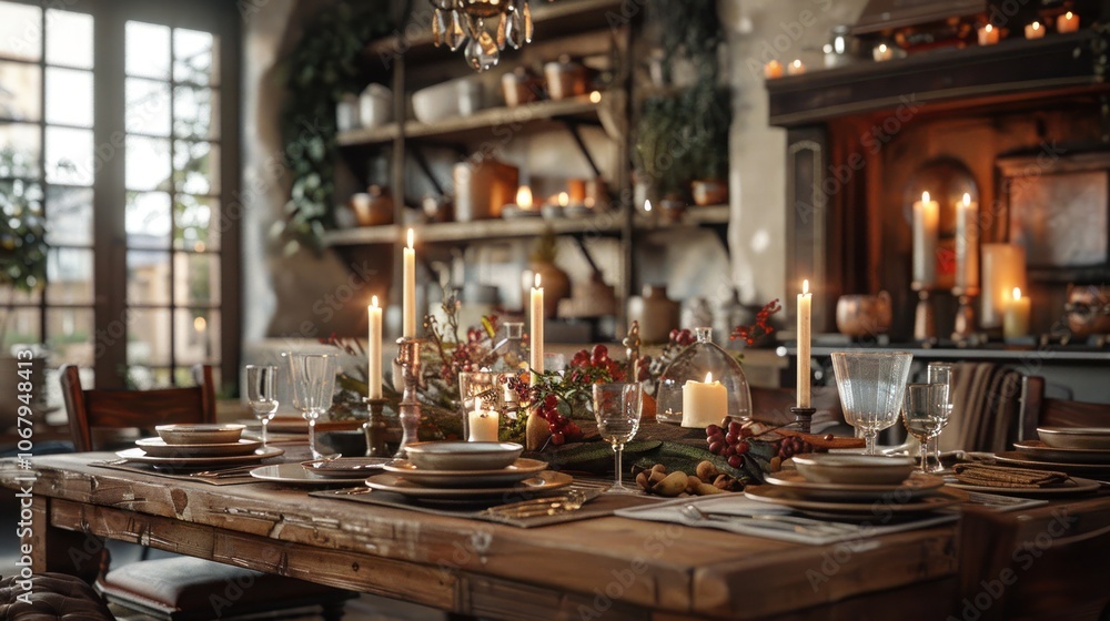 Candlelit Table Setting in Rustic Kitchen Candlelit Table Setting in Rustic Kitchen