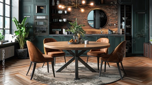 Modern Kitchen Dining Table with Green Cabinets and Brown Chairs