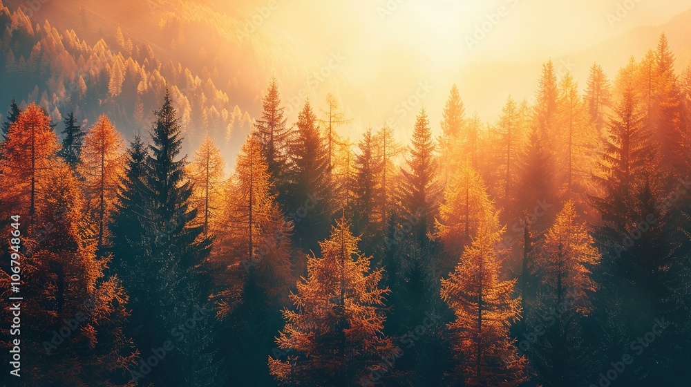 Twilight Glow: Autumn Forest in the Mountains Bathed in Sunset Light Twilight Glow: Autumn Forest in the Mountains Bathed in Sunset Light