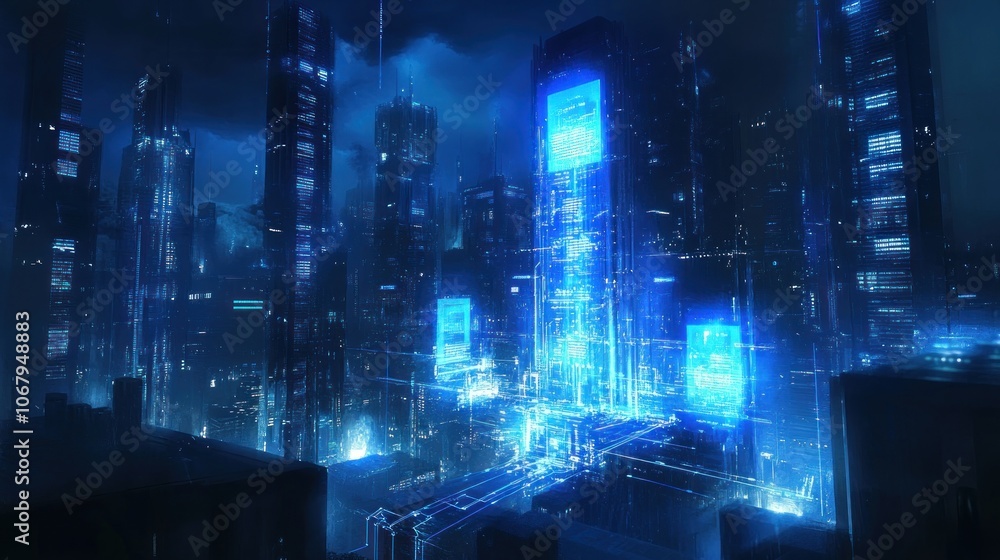 Fototapeta premium A futuristic city skyline at night, with glowing blue lights and digital screens.