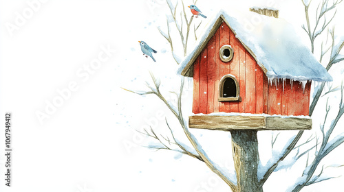 Wallpaper Mural friendly watercolor style birdhouse on snowy tree, surrounded by gentle snowfall and cheerful birds, creating serene winter scene Torontodigital.ca