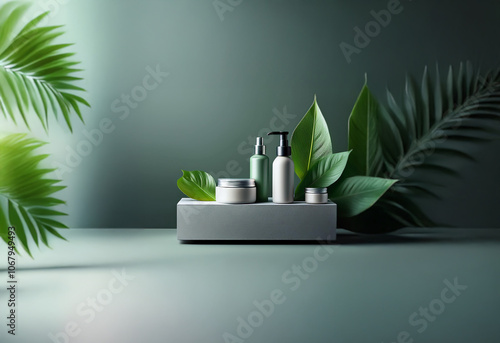 Wallpaper Mural A collection of skincare products are displayed on a white platform with green foliage. The backdrop is a soft green wall. Torontodigital.ca