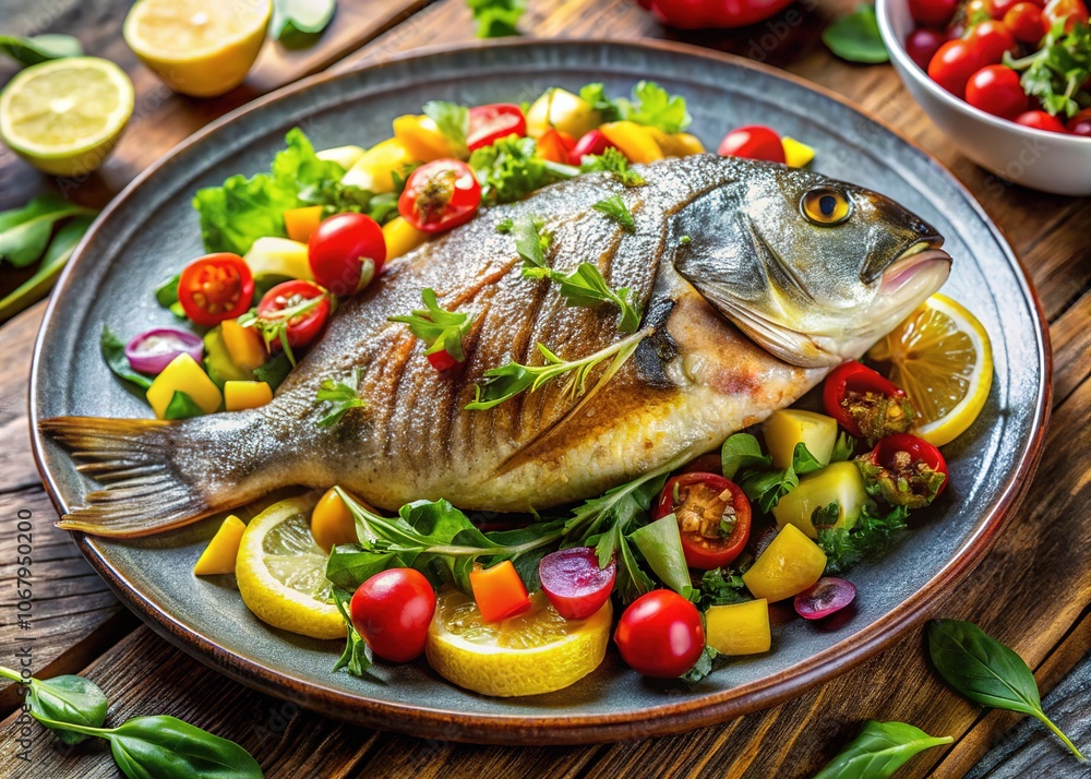 Gourmet Baked Dorado with Salad - Exquisite Dish Photography Gourmet Baked Dorado with Salad - Exquisite Dish Photography