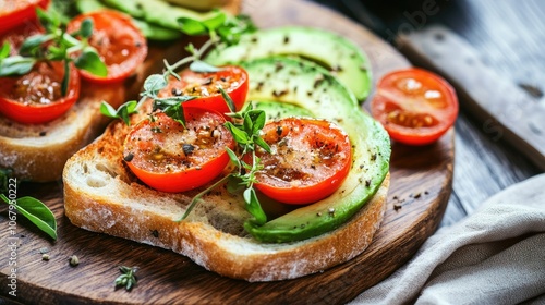 Fresh gluten-free bread served with avocado, cherry tomatoes, and fresh herbs on a wooden plate, ready to eat.