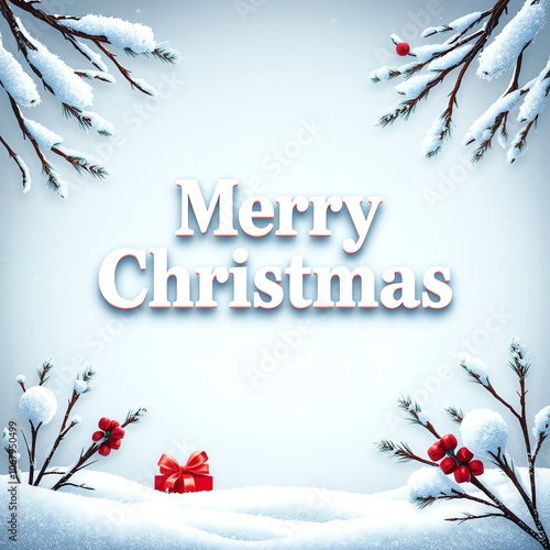 merry christmas greeting card with abstract winter scene background and snowy branches border