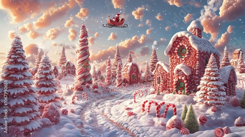 Candy land illustration style christmas candy canes, christmas trees santa flying on his sleigh in background
