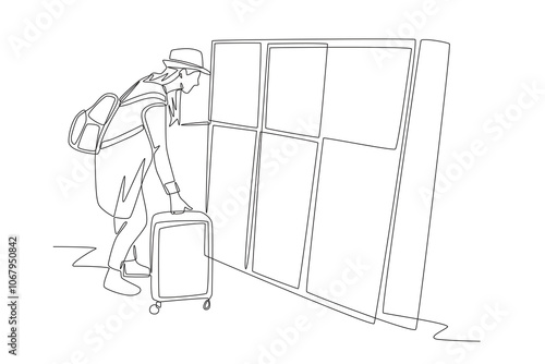 Woman will put suitcase in travel locker. Travel locker concept one-line drawing