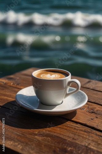 Cup of coffee on wooden table over a sea background