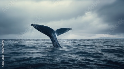 A high-contrast image of a blue whale's tail fin emerging from the water, with intricate details of its texture and a backdrop of dramatic, stormy skies.  photo