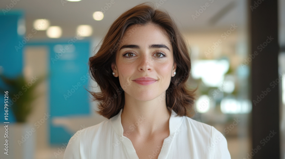 confident woman with brown hair and white blouse smiles warmly in modern office setting, exuding professionalism and approachability confident woman with brown hair and white blouse smiles warmly in modern office setting, exuding professionalism and approachability
