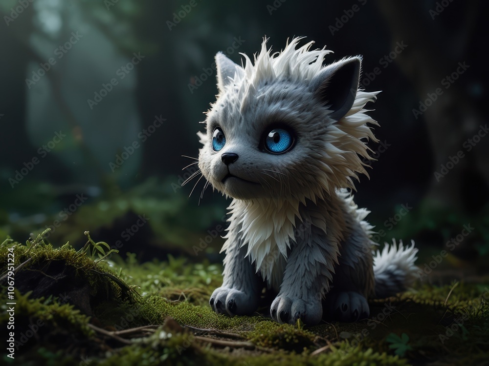 Naklejka premium Nightmarish Plush Elemental Creature with Twisted Seams and Glowing Eyes