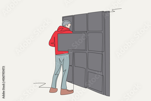 Colored man putting things in travel locker. Travel locker concept one-line drawing