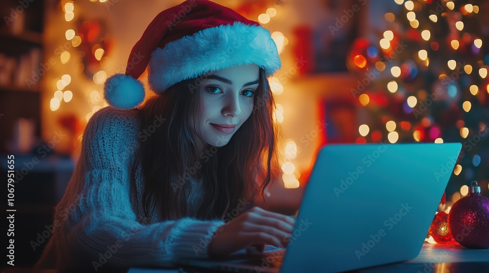 woman with santa hat analyzing data on laptop, working on startup report in festive office woman with santa hat analyzing data on laptop, working on startup report in festive office