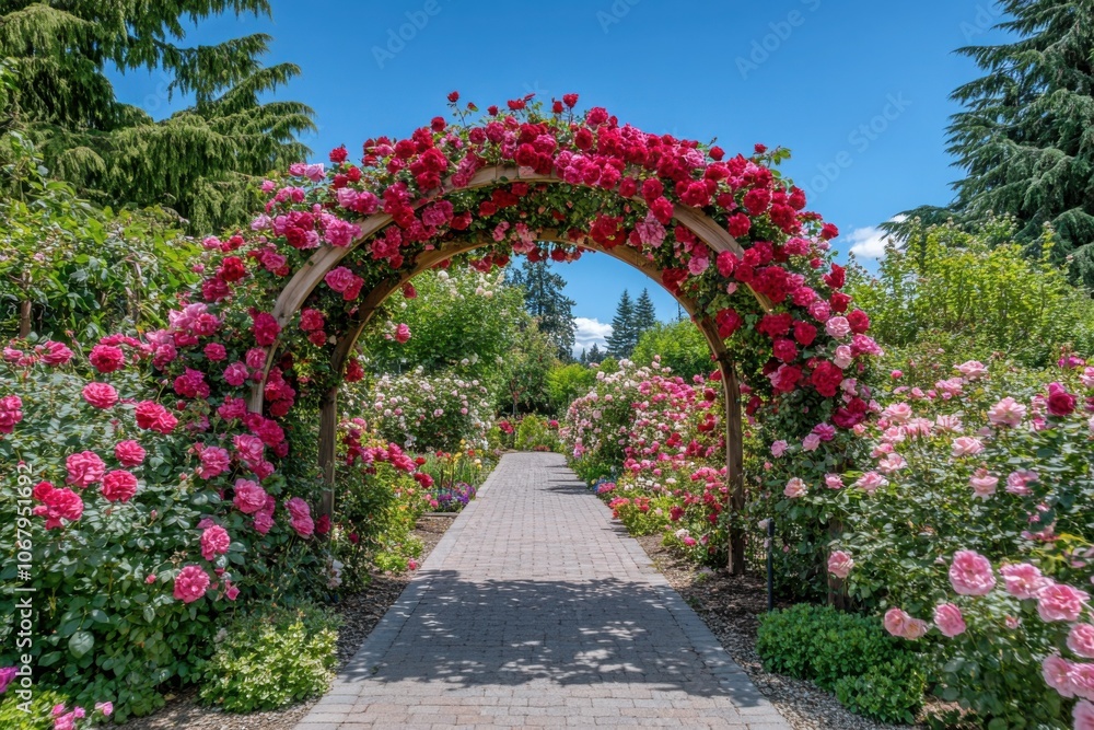 Naklejka premium Elegant Garden Pathway Surrounded by Vibrant Blooms