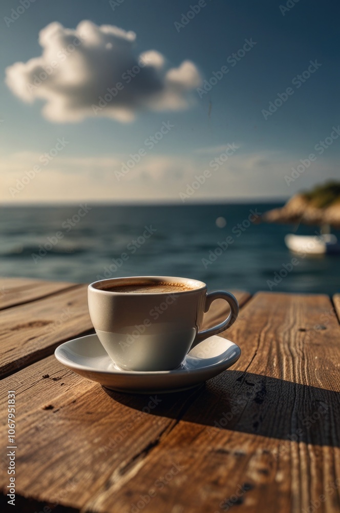 Cup of coffee on wooden table over a sea background Cup of coffee on wooden table over a sea background
