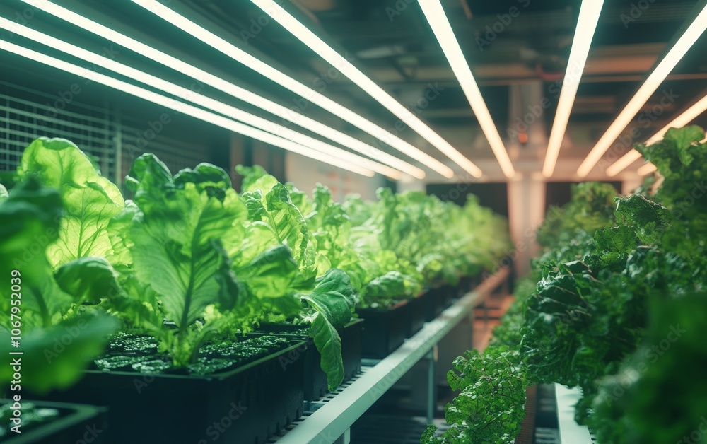 A futuristic microclimate farming system with rows of vegetables thriving under precise conditions A futuristic microclimate farming system with rows of vegetables thriving under precise conditions