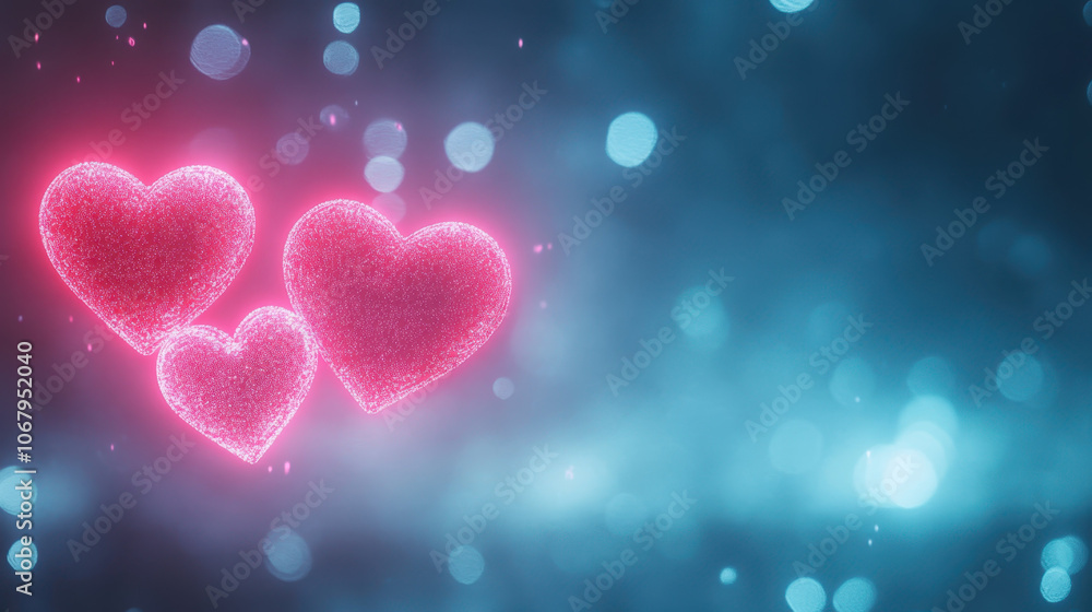 Three glowing hearts on blue background create romantic atmosphere, perfect for expressing love and affection Three glowing hearts on blue background create romantic atmosphere, perfect for expressing love and affection