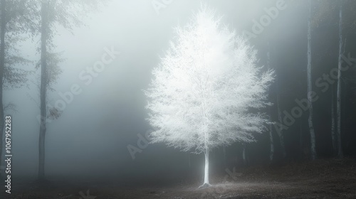 A ghostly white tree standing in the middle of a misty forest, its pale bark glowing eerily in the fog photo