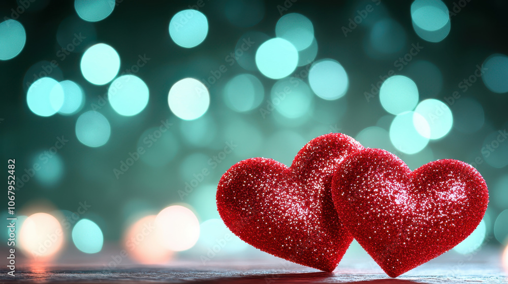Fototapeta premium Two sparkling red hearts on wooden surface, surrounded by soft bokeh lights, create romantic atmosphere perfect for celebrations and love themed events
