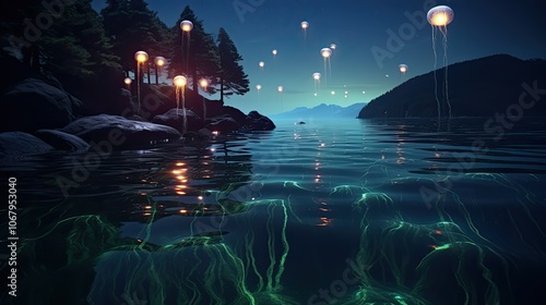 A magical jelly lagoon under a starlit sky, with sparkling jellyfish illuminating the water and casting reflections on the tranquil surface. photo