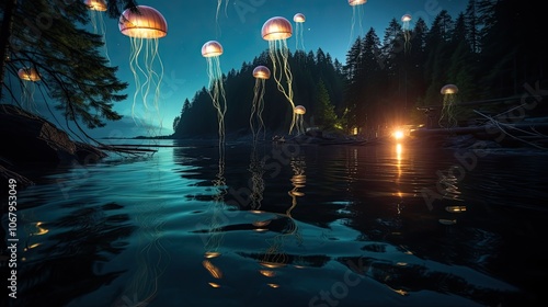 A magical jelly lagoon under a starlit sky, with sparkling jellyfish illuminating the water and casting reflections on the tranquil surface. photo