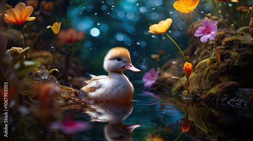 A magical scene of a little duckling exploring a hidden, enchanted pond with shimmering, iridescent fish and sparkling, otherworldly flora.