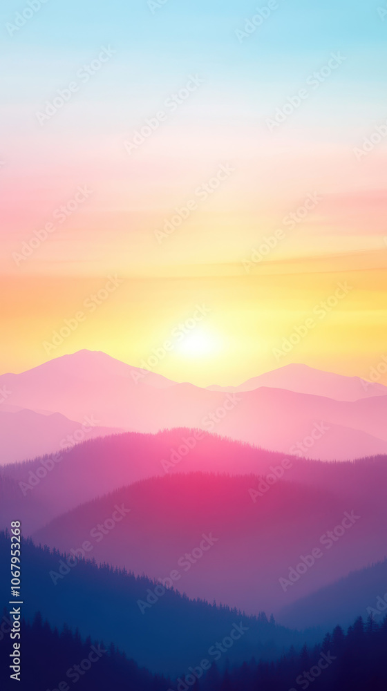 Obraz premium breathtaking sunrise over layered mountains, showcasing vibrant hues of pink, orange, and blue. serene landscape evokes sense of peace and tranquility