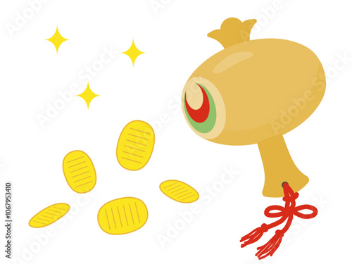 小判がでてくる打ち出の小槌のイラスト　フラットデザイン