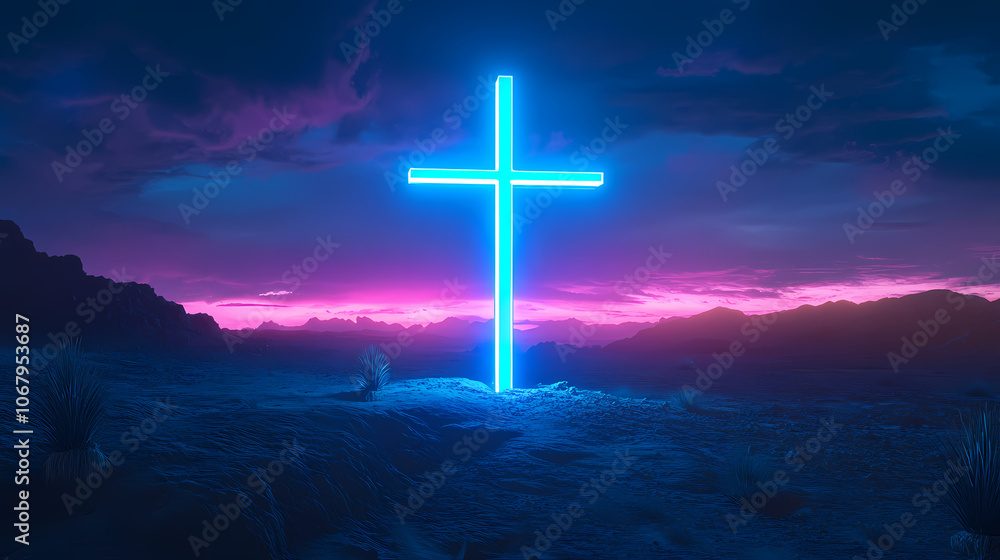 Fototapeta premium Neon illuminated blue cross on desert at night. Neon. Illustration