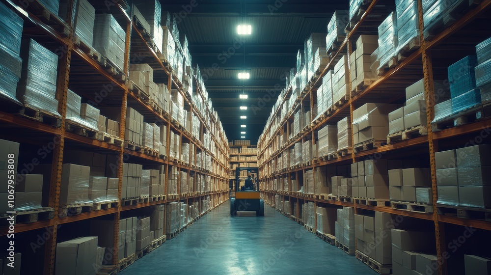 Expansive aisle in a modern warehouse with tall shelves stacked with boxes and pallets, illustrating industrial storage and logistics organization. Expansive aisle in a modern warehouse with tall shelves stacked with boxes and pallets, illustrating industrial storage and logistics organization.