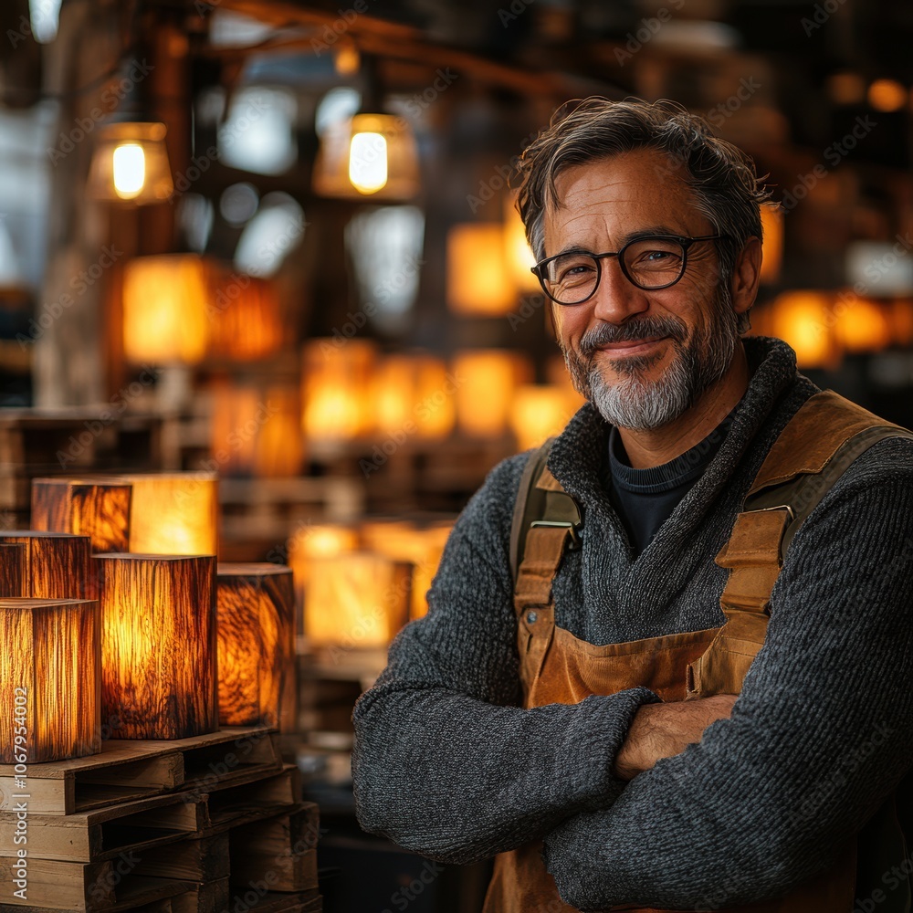 Bearded artisan in a workshop filled with warm, glowing wooden lamps, showcasing his handcrafted lighting designs with pride and satisfaction. Bearded artisan in a workshop filled with warm, glowing wooden lamps, showcasing his handcrafted lighting designs with pride and satisfaction.