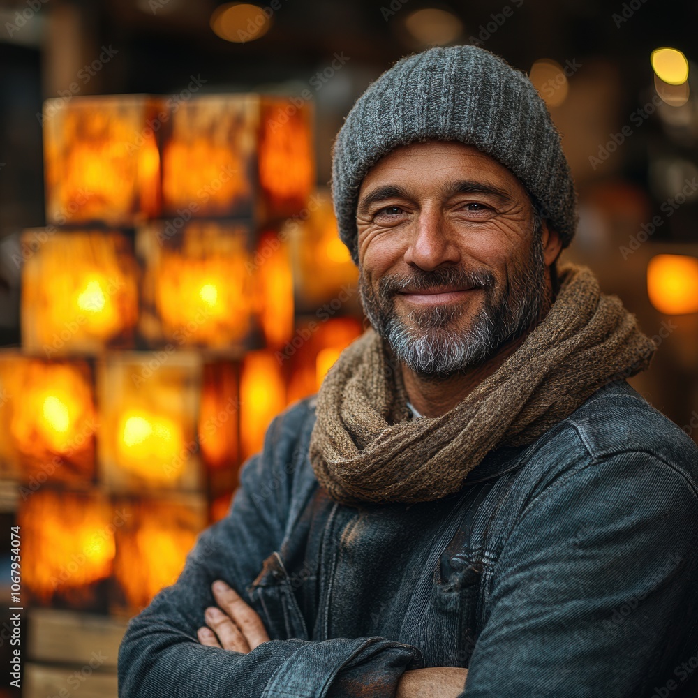 Smiling man in cozy winter clothing stands before glowing decorative lanterns, creating a warm and inviting ambiance in a rustic setting. Smiling man in cozy winter clothing stands before glowing decorative lanterns, creating a warm and inviting ambiance in a rustic setting.