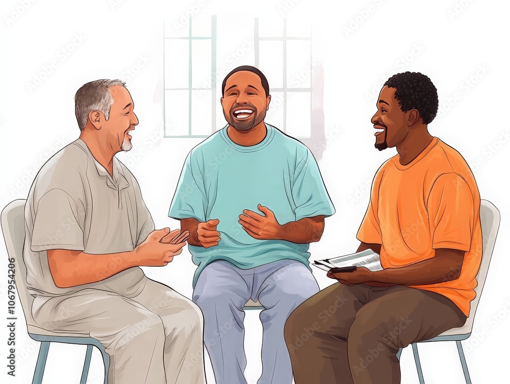 Obraz premium A group of prisoners talking with their families in a visitation room, sharing stories and laughter, isolated on a white background