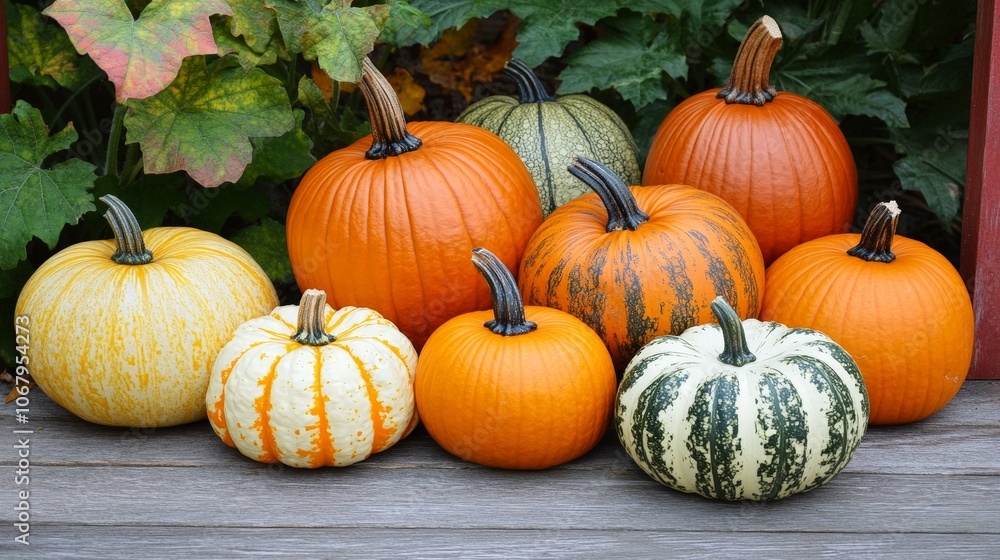 A group of pumpkins of different sizes, arranged in a festive display A group of pumpkins of different sizes, arranged in a festive display