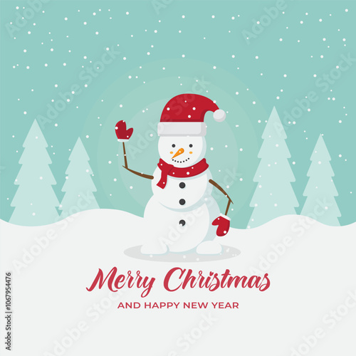 Merry Christmas greeting cards, posters, holiday covers. Modern Christmas design. with winter landscape, forest, snowman. vector illustration in flat style