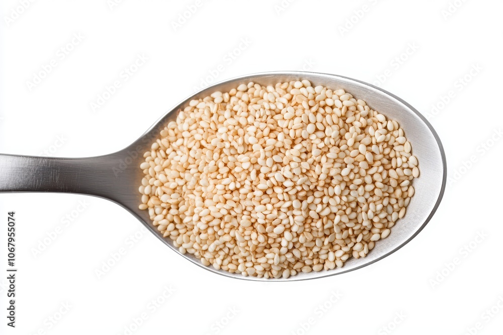 Close-up of Sesame Seeds in Spoon on White Background Close-up of Sesame Seeds in Spoon on White Background