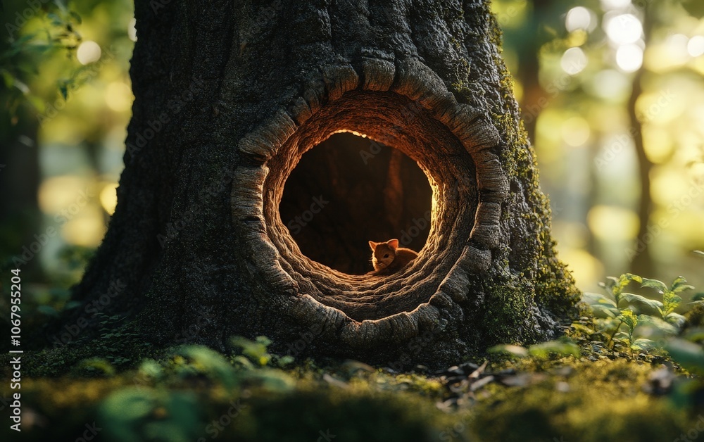 A hollow tree standing in the forest, its opening large enough for a small animal to nest inside A hollow tree standing in the forest, its opening large enough for a small animal to nest inside