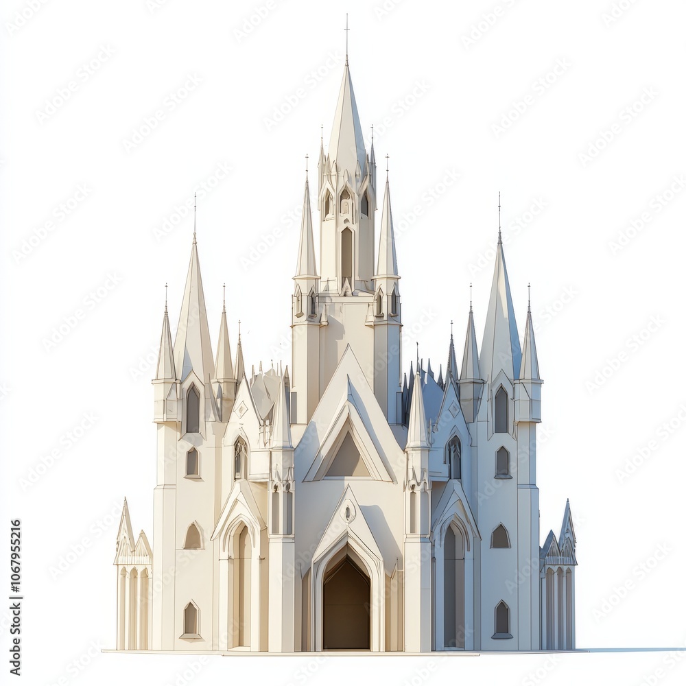 Low Poly 3D Render of a castle with tall spires, on isolated white background Low Poly 3D Render of a castle with tall spires, on isolated white background