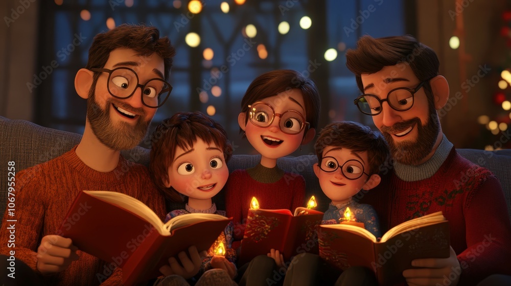 A family gathered on a couch, singing carols together and holding songbooks, with holiday lights casting a festive glow. A family gathered on a couch, singing carols together and holding songbooks, with holiday lights casting a festive glow.
